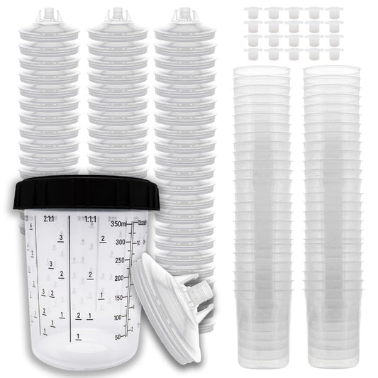 LAUCO 50 Pack Disposable Spray Gun Paint Cups Liners and Lid System Kit - 13.5 Ounce (400ml) Kit - 50 Cup Liners, 50 Lids with 125 Mic Strainer, 1 Hard Cup with Retainer Ring and 20 Plugs