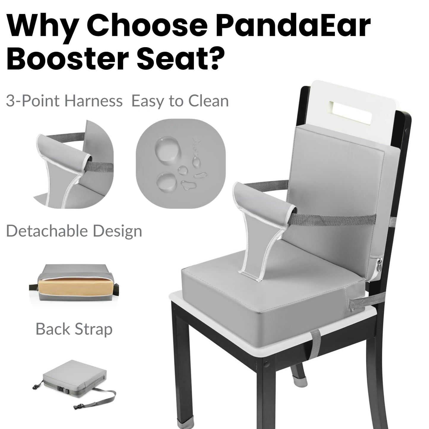 PandaEar Toddler Booster Seat for Dining Table, Portable Increasing Booster Cushion with Backrest & Adjustable Seat Belt for Kids Children, Non-Slip Bottom (Grey)