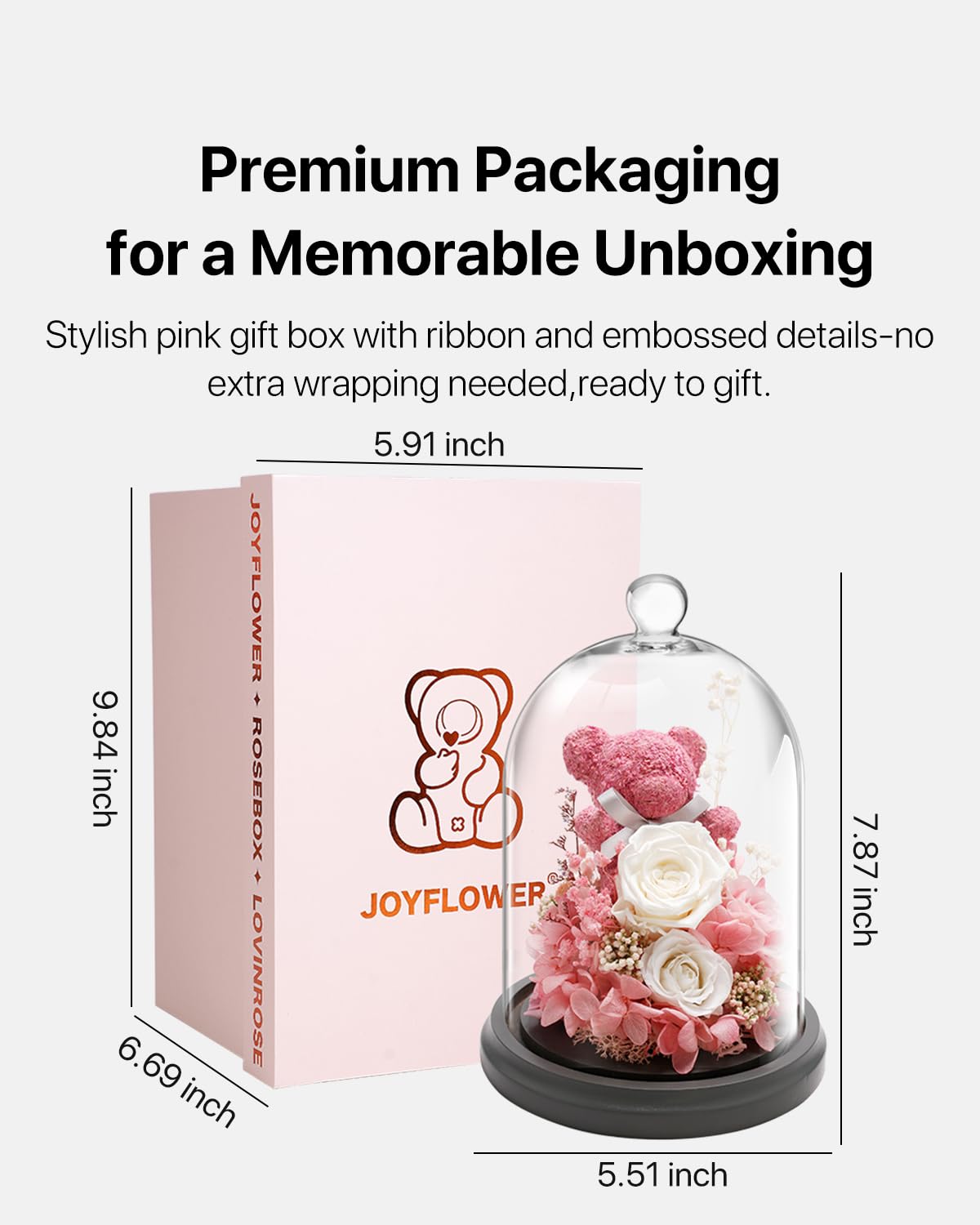 JoyFlower Preserved Flowers in Glass Gifts for Women, Pink Eternal Rose Bear Gift, Preserved Rose Forever Flowers in Glass Dome for Mom Wife Girlfriend on Birthday Anniversary Mother's Valentine's Day