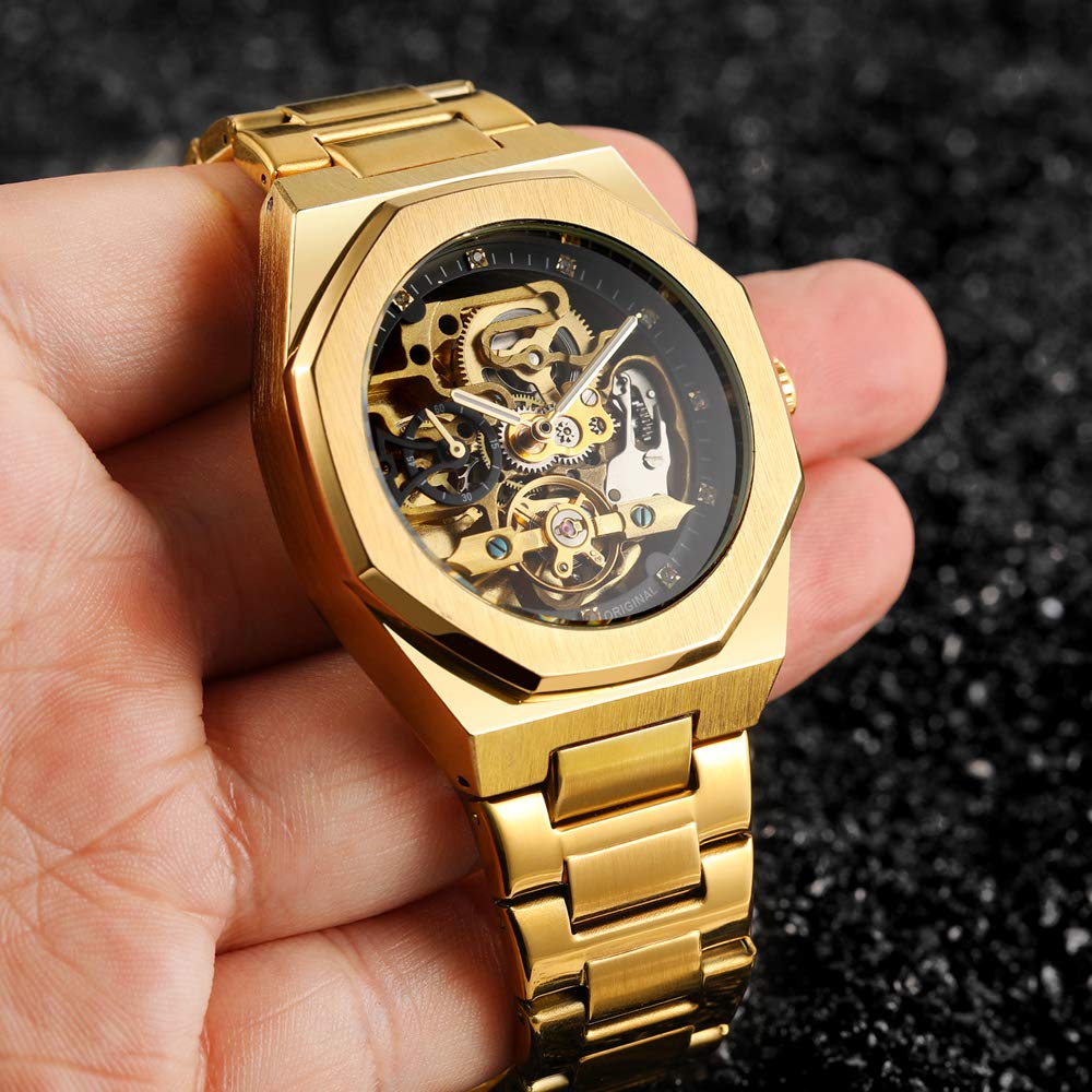 Tiong Cool Tourbillon Automatic Mechanical Watch Men Gold Luxury 2 Dial Watch Metal Stainless Steel Watchband Christmas Gift