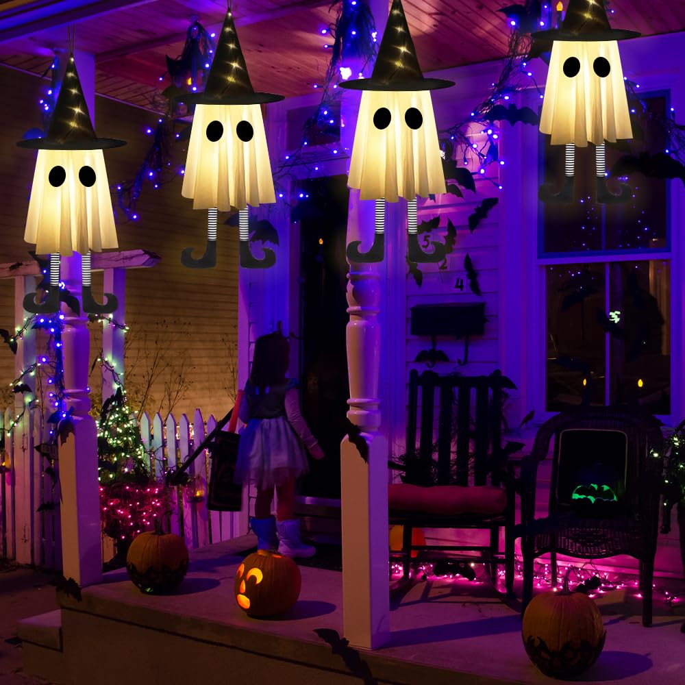 YUJUN 3 Packs Halloween Hanging Ghosts Decorations,Halloween Outdoor Indoor Witch Hat Glowing Ghost Lights Decor for Yard Patio Garden Tree Outside