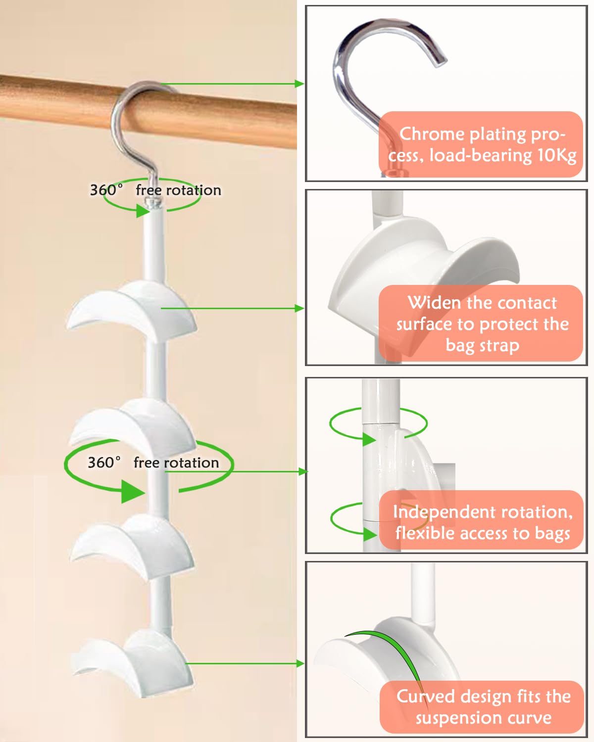 Purse Hanger for Closet, Rotating Purse Organizer for Closet White Purse Holder Purse Hooks for Organizer Storage Purses Tote Bag Handbags Scarf Belt