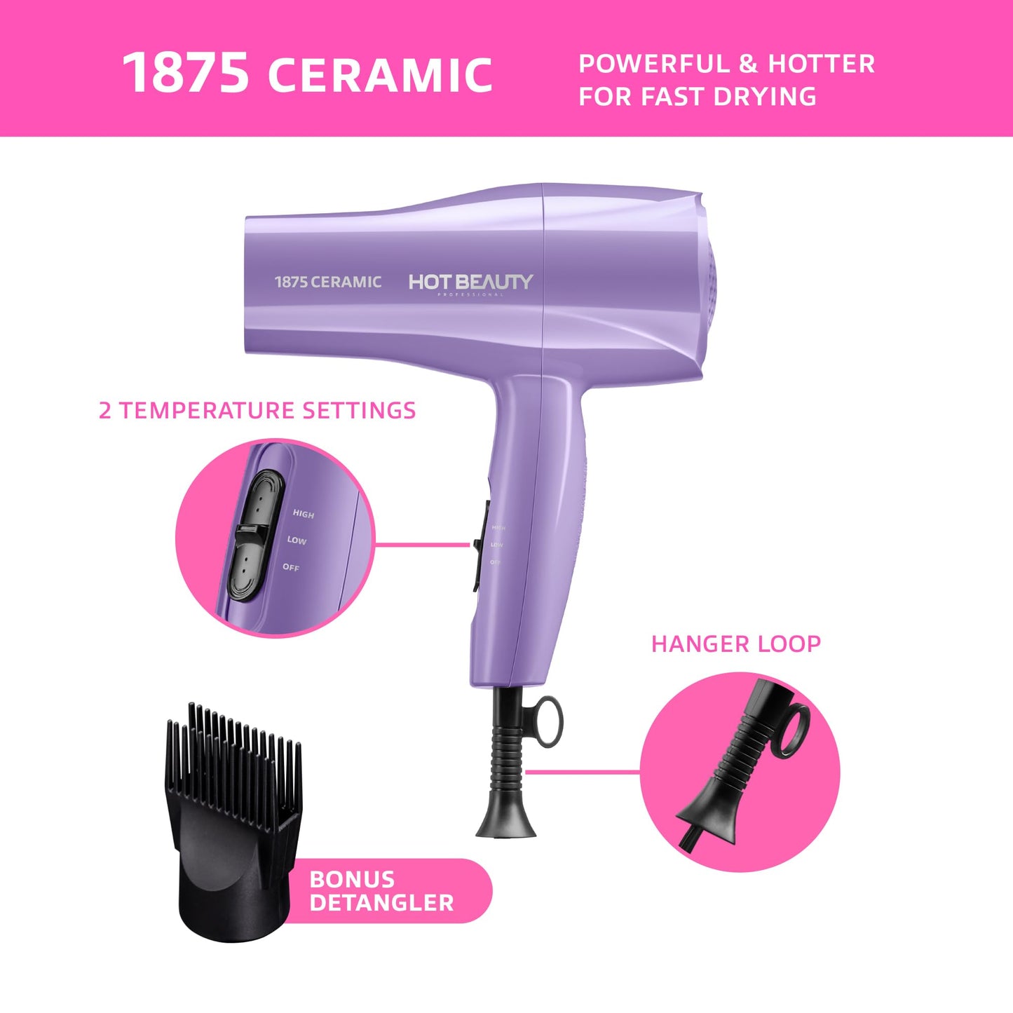 Hot Beauty 1875 Ceramic Hair Dryer, Powerful Fast Drying, Multi-Setting with Comb Attachment, Additional Detangler Included, Slide Bar Switch, Compact for Home & Travel (Purple)