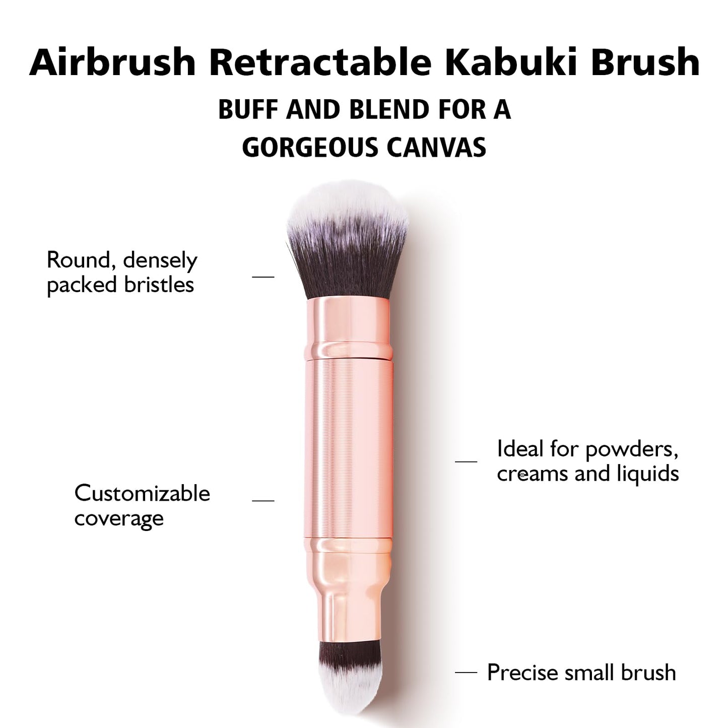 Retractable Airbrush Kabuki Brush for All Face Makeup & Foundation for Liquid, Cream and Powder Face Makeup, Dual-Ended Brush for Precision Natural Beautiful Look, With Aluminum Handle- Rose Gold