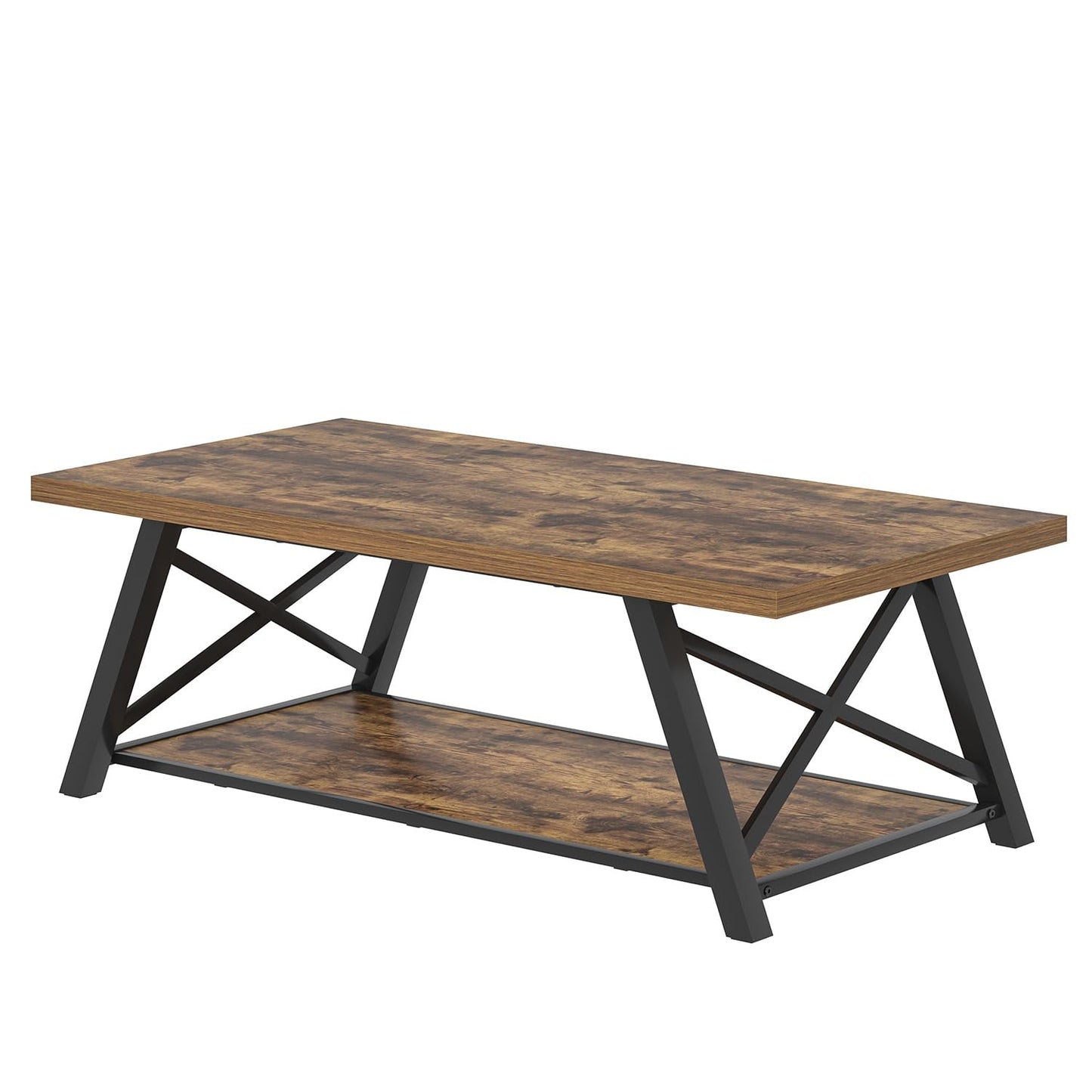 EXCEFUR Modern Coffee Table, Wood and Metal Living Room Center Table with Storage Shelf, Industrial Rectangle Cocktail Tea Table, Rustic Brown, 47 Inch