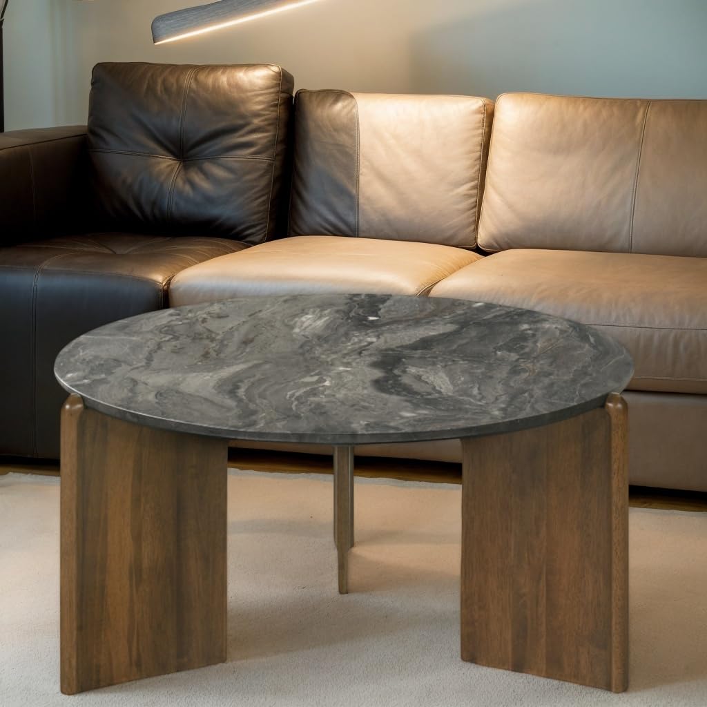 DUOMAY Modern Faux Marble Round Coffee Table, 32'' Grey Circle Coffee Table Center Cocktail Table for Living Room Apartment, Farmhouse Side Table for Family Office