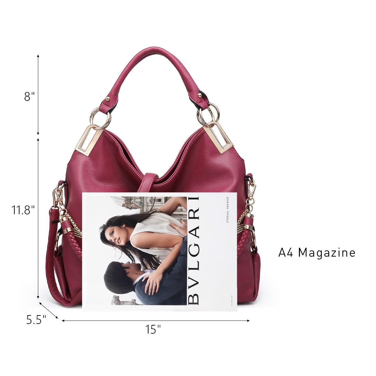 Dasein Women's Large Hobo Bag with Rhinestone Accents Vegan Leather Tote Purse Shoulder Handbag for Ladies (Wine Red)