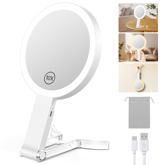 Benbilry Lighted Makeup Vanity Mirror, 10X Magnifying Mirror with Light 3 Colors, Adjustable Brightness & Stand, Tabletop & Hanging, 3 in 1 Portable Type-C Rechargeable, White
