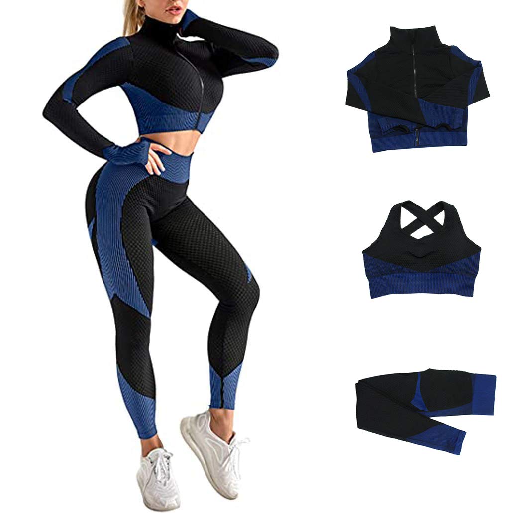 Veriliss 3pcs Seamless Workout Outfit Sets for Women, Gym Clothes Yoga Sportswear Leggings and Stretch Sports Bra Gym jumpsuits Clothes Set (BlackBlue, S)