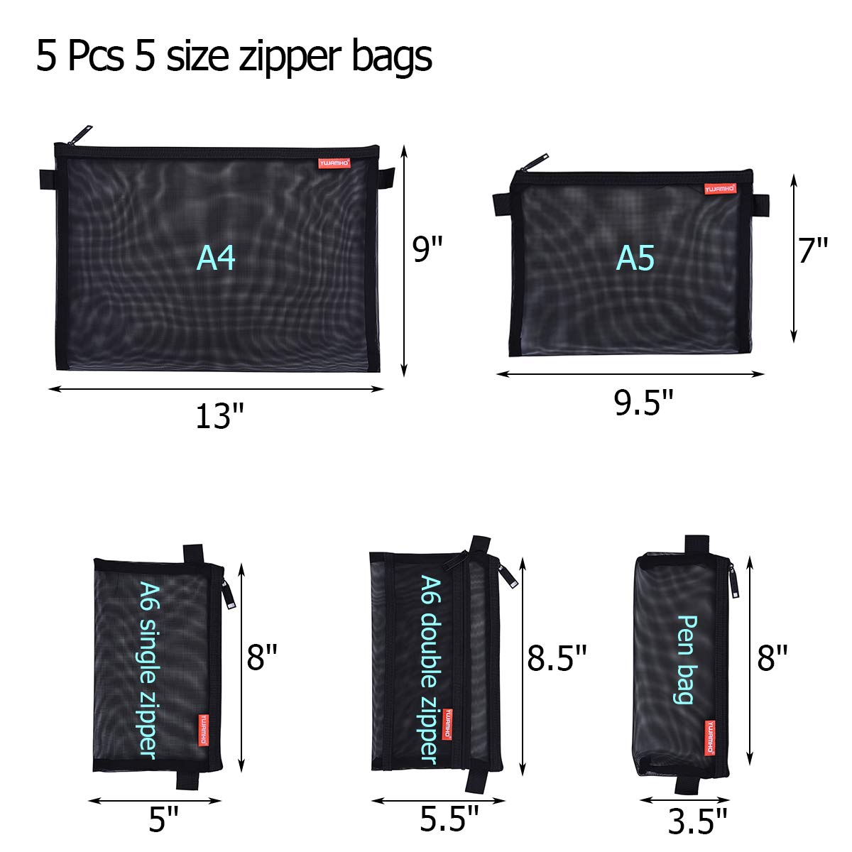 Pendancy Mesh Zipper Pouch 5pcs Lightweight Nylon File Folders Document Organizer Cosmetic Bags Accessories Storage for Travel and Office Supplies (Black, A4 A5 A6)