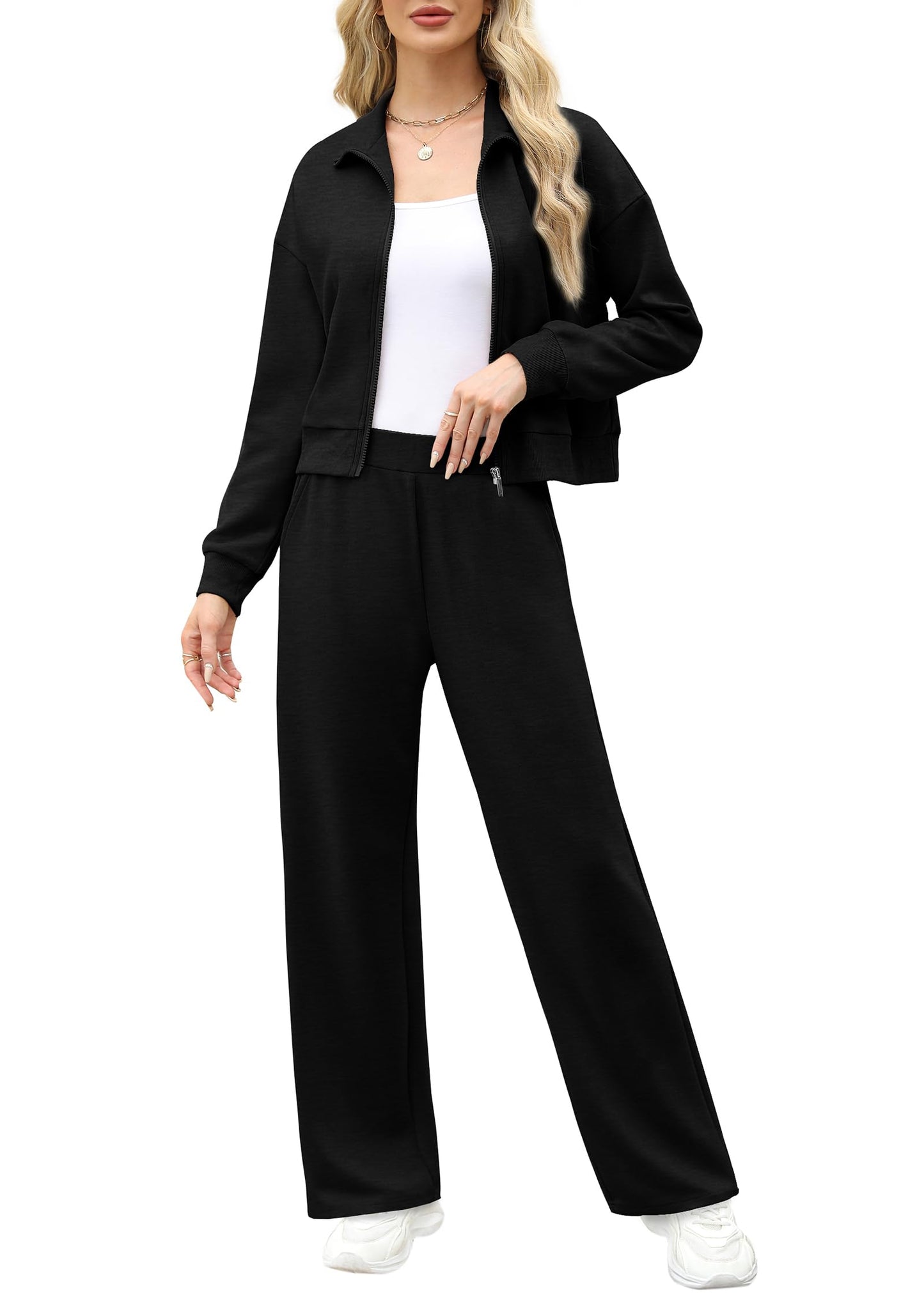 XIEERDUO Lounge Sets for Women 2025 2 Piece Beach Vacation Clothes Winter Essentials Luxury Women Fashion Zip-Up Sweatshirt Sweatsuits Fall Black Sweatpants Tracksuit XL