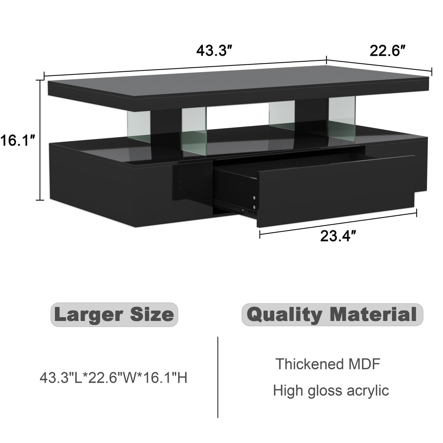 ChooChoo Modern LED Coffee Table, High Glossy Coffee Table with Drawer, Black Coffee Table with Storage for Living Room, Bedroom, CT2305-BK