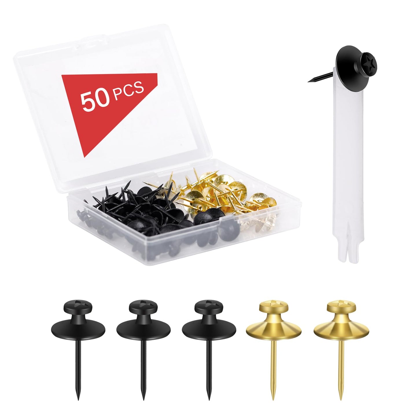 50 PCS Thumb Tacks for Wall Picture Hangers, Double Headed Picture Hanging Nails Kit, Push Pins Wall Hooks, Renter Friendly Decor Thumbtacks for Tapestry Frame Art Photos(Black &Gold)
