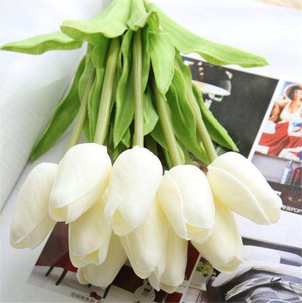 chilsoby 30 Pcs Artificial Tulip Flowers Real Touch Tulips Fake PU Tulip Flower Bouquet for Home Wedding Party Office Decor (Off White)