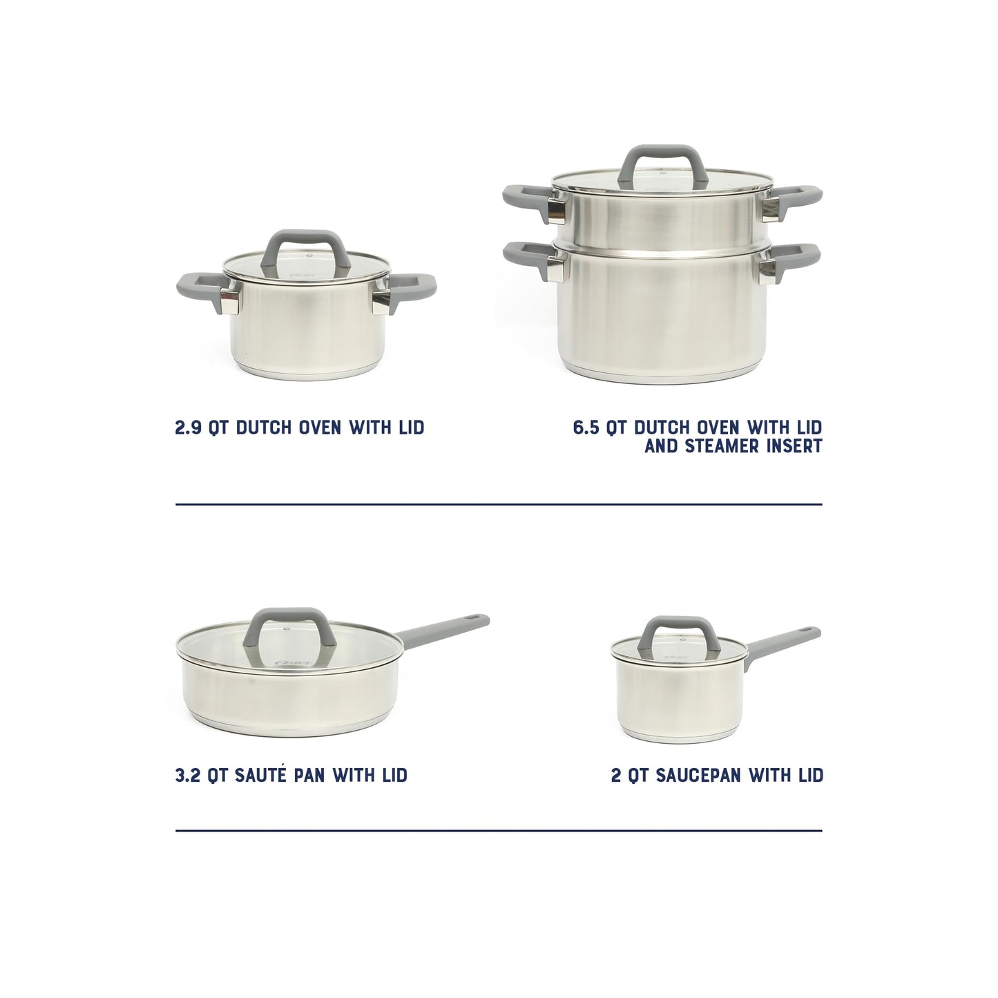 Oster Beauford 9 Piece Stainless Steel Non-Toxic Pots and Pans Cookware Set W/Tri-Ply Encapsulated Bottom & Soft Touch Handles