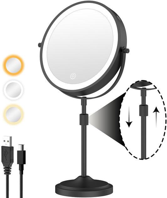 9" Lighted Makeup Mirror with 1X 10x Magnification, 5000mAh Rechargeable Led Magnifying Vanity mirror with lights, 3 Lighting Colors, Brightness Dimmable Height Adjustable Cosmetic Mirror Black