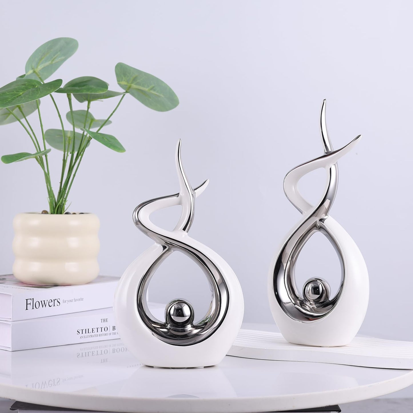 PlivBloom Silver White Abstract Ceramic Modern Sculpture, Knick Knacks Statues for Living Room, Shelf, TV Stand, Coffee Table, Dining Room, Office, Bedroom, Home Decor, Centerpiece, Great Gift Idea
