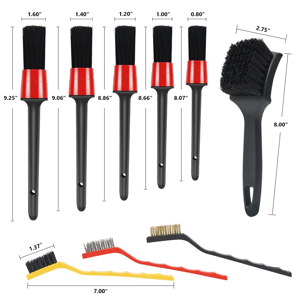 pulwury 9pcs Detailing Brush Set,Interior Cleaning Brush,Steel Wire & Tire Brush Automotive Cleaning Brush Kit,for Cleaning Engine, Body Exterior Surface, Carpet, Truck, SUV, RV, Motorcycle