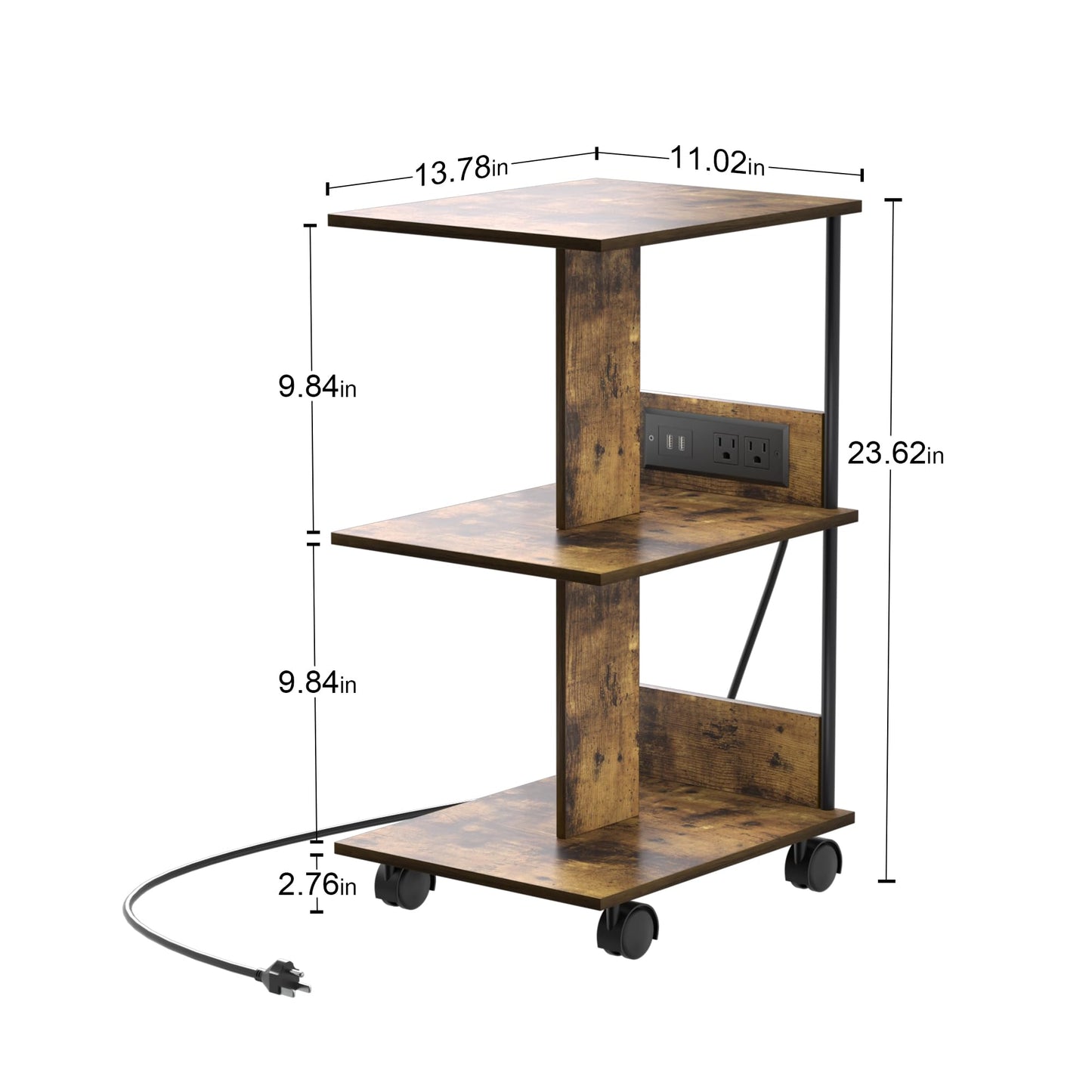 End Table with Charging Station & LED Lights, 3 Tier Movable Wooden Nightstand with Wheels Storage Shelves, Narrow Bedside Tables Side Table for Living Room Bedroom Home Office, Easy to Assemble