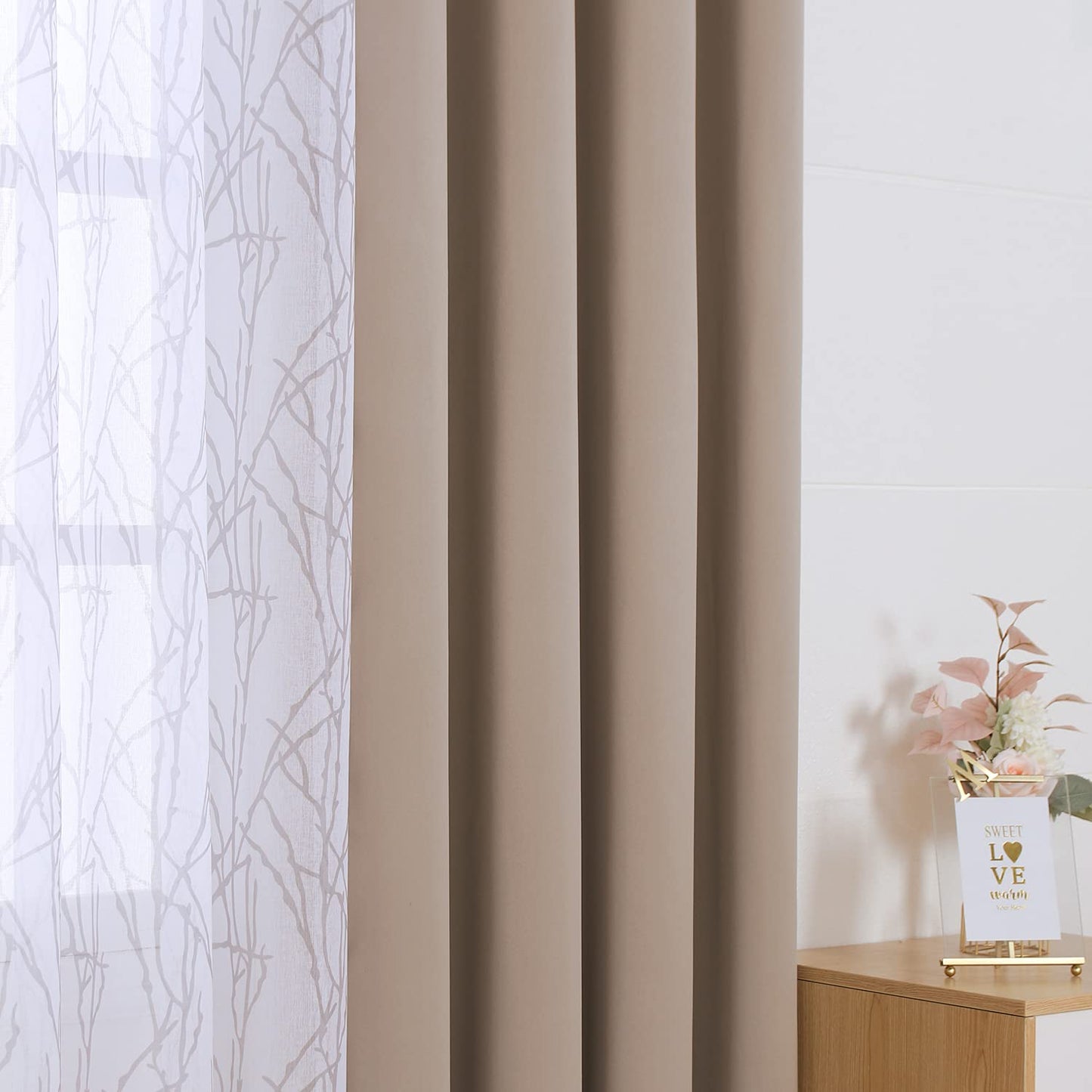 BONZER Mix and Match Curtains - 2 Pieces Branch Print Sheer Curtains and 2 Pieces Blackout Curtains for Bedroom Living Room Grommet Window Drapes, 54x84 Inch/Panel, Taupe, Set of 4 Panels