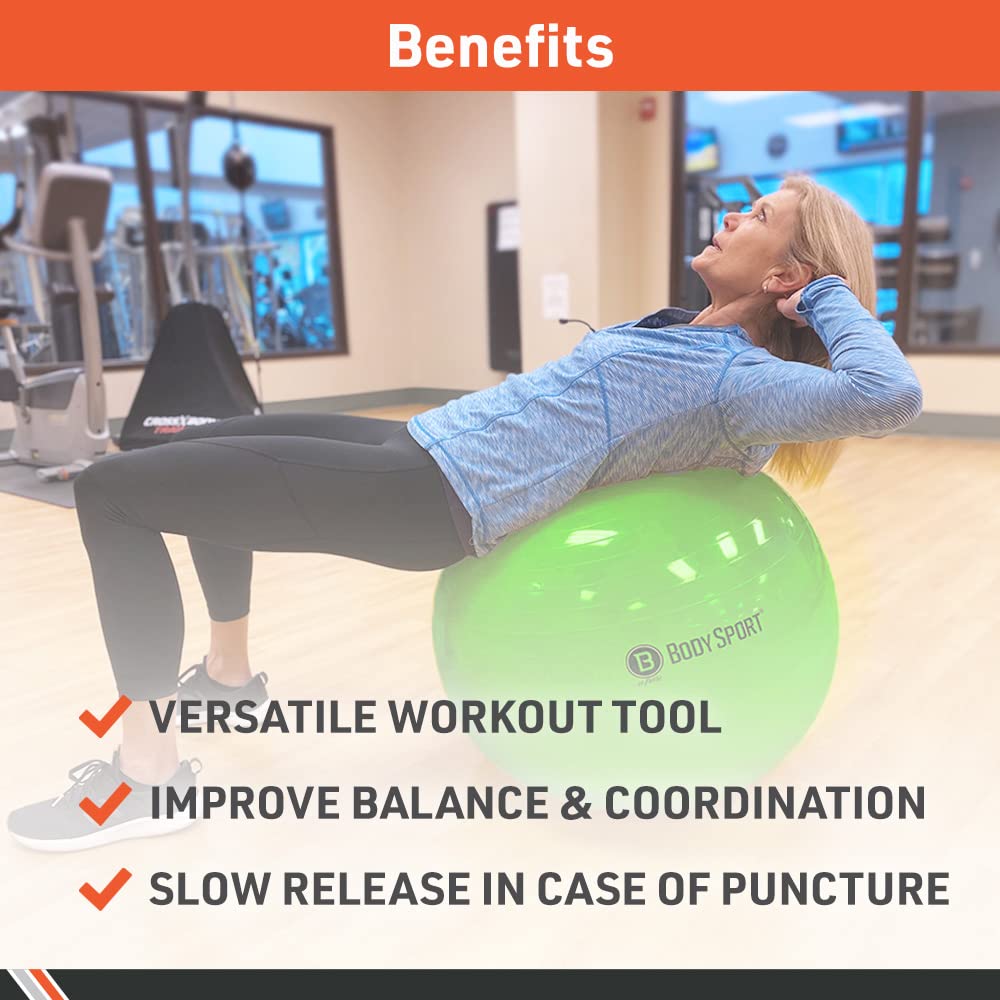 Body Sport Slow Release 55cm Exercise Ball with Pump, Gym Equipment for Home or Office, Stability Fitness Ball, Pregnancy Ball, Core Strength Training Equipment