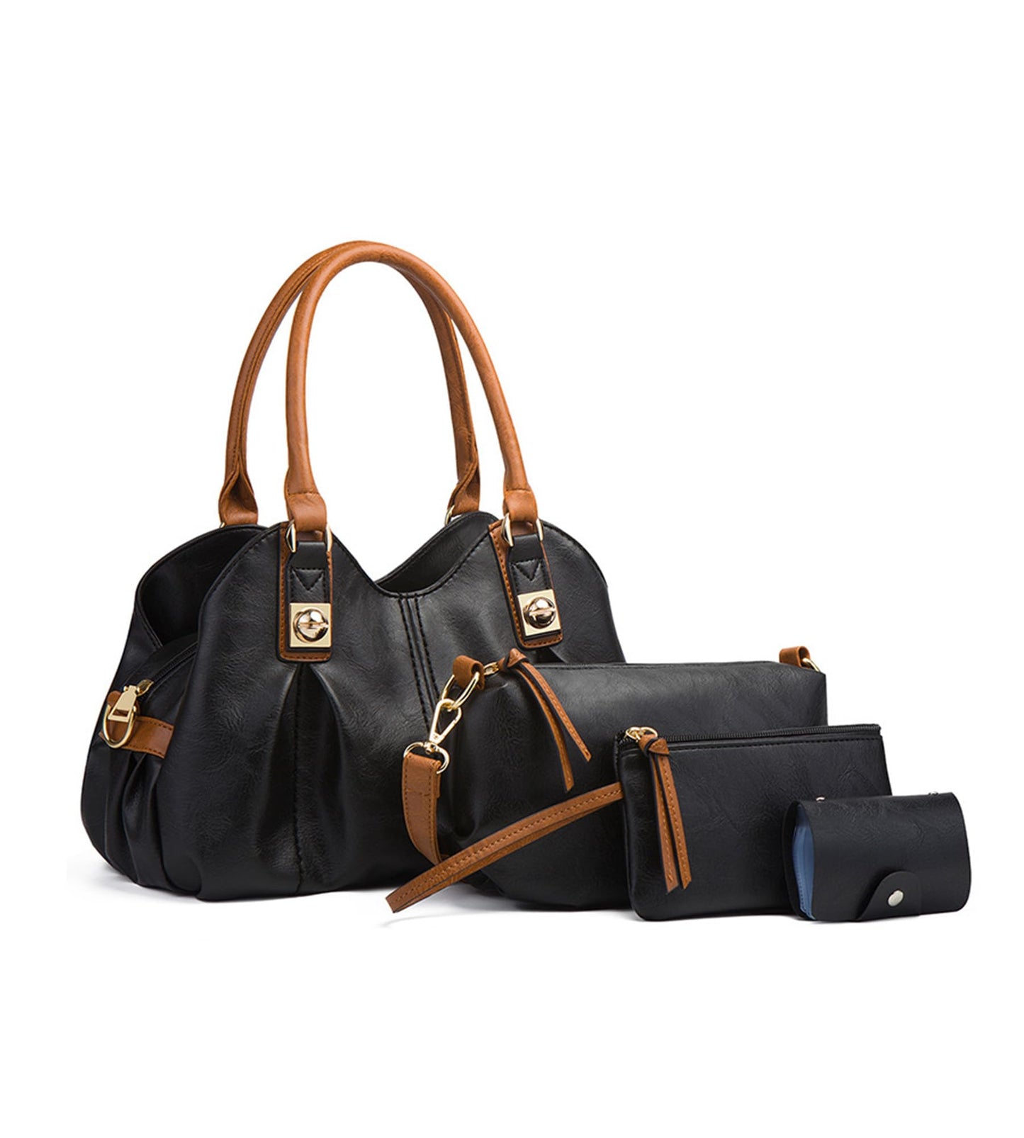 KingTo 4pcs Purses Retro Tote Handbags for Women Stylish Shoulder Bags Soft Top Handle Satchel Set (Black)