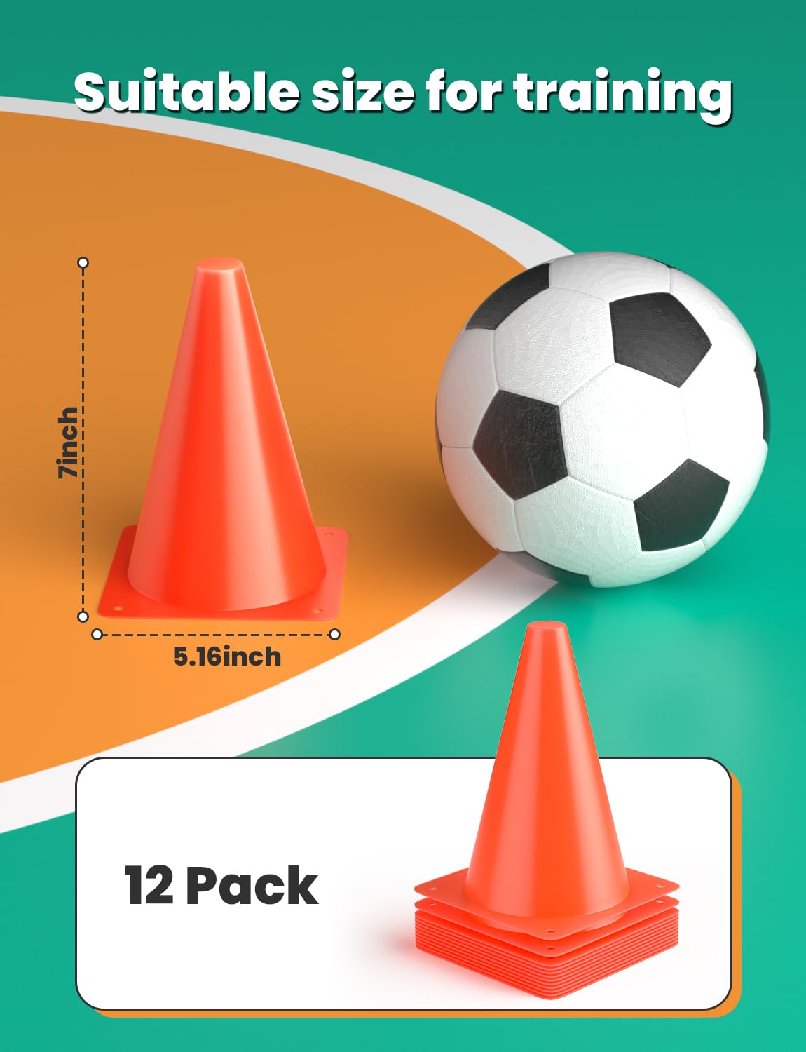 GHB 7 Inch Soccer Cones 12 Pack Disc Soccer Sport Cones Training Field Marker Agility Cones for Basketball, Coaching, Practice Equipment Includes Drills Guide (7" 12Pcs Orange)