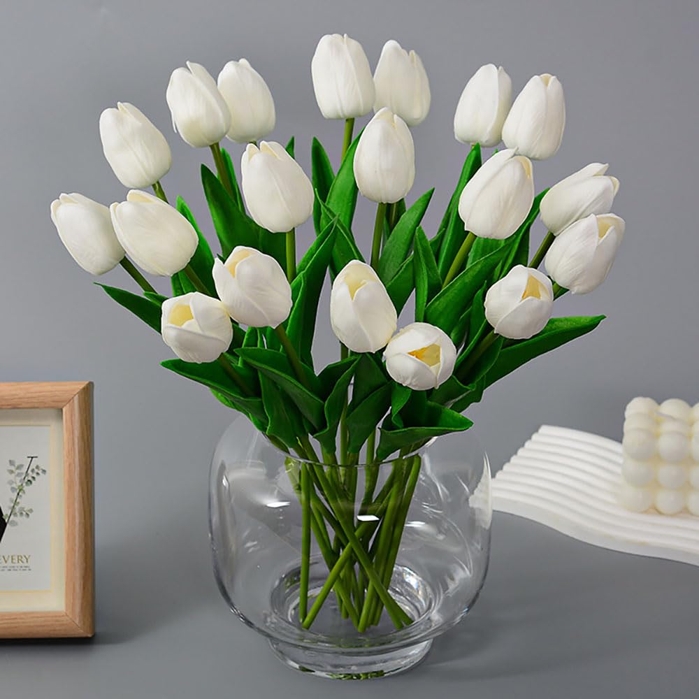 LWKuh-GFS 20 Pcs White Tulips Artificial Flowers 13.5" PU Real Touch with Faux Mix Tulip Bulbs Silk Bouquet for Mother's Day Wedding Easter Kitchen Decor