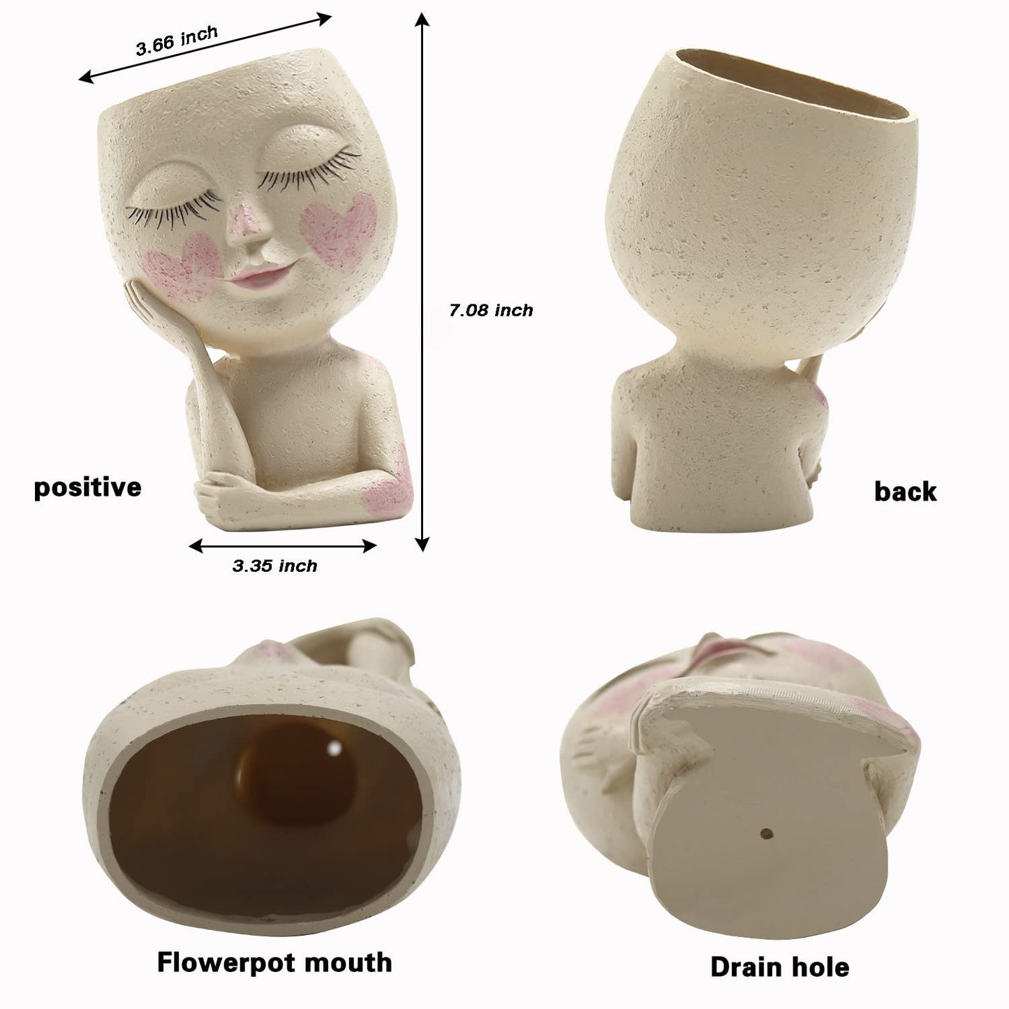 UMESONG Smiley Face Flower Planters Pots for Indoor Plants Resin Head Planter with Drainage Hole One Hand Hold Cute Face Succulent Pots with Closed Eyes for Outdoor Garden Planter (Light)