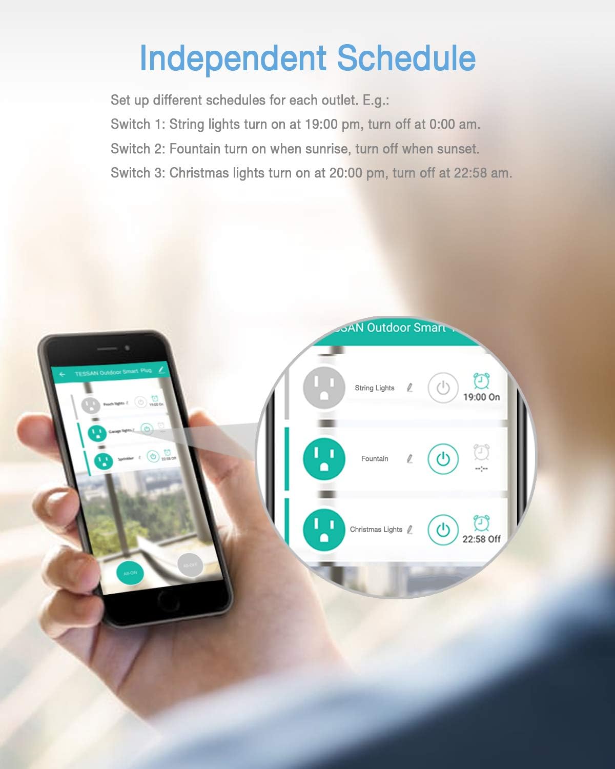 Outdoor Smart Plug Waterproof, TESSAN WiFi Smart Outlet Switch with 3 Individual Sockets Work with Alexa Echo Google Home, Remote Control Timer by Smartphone