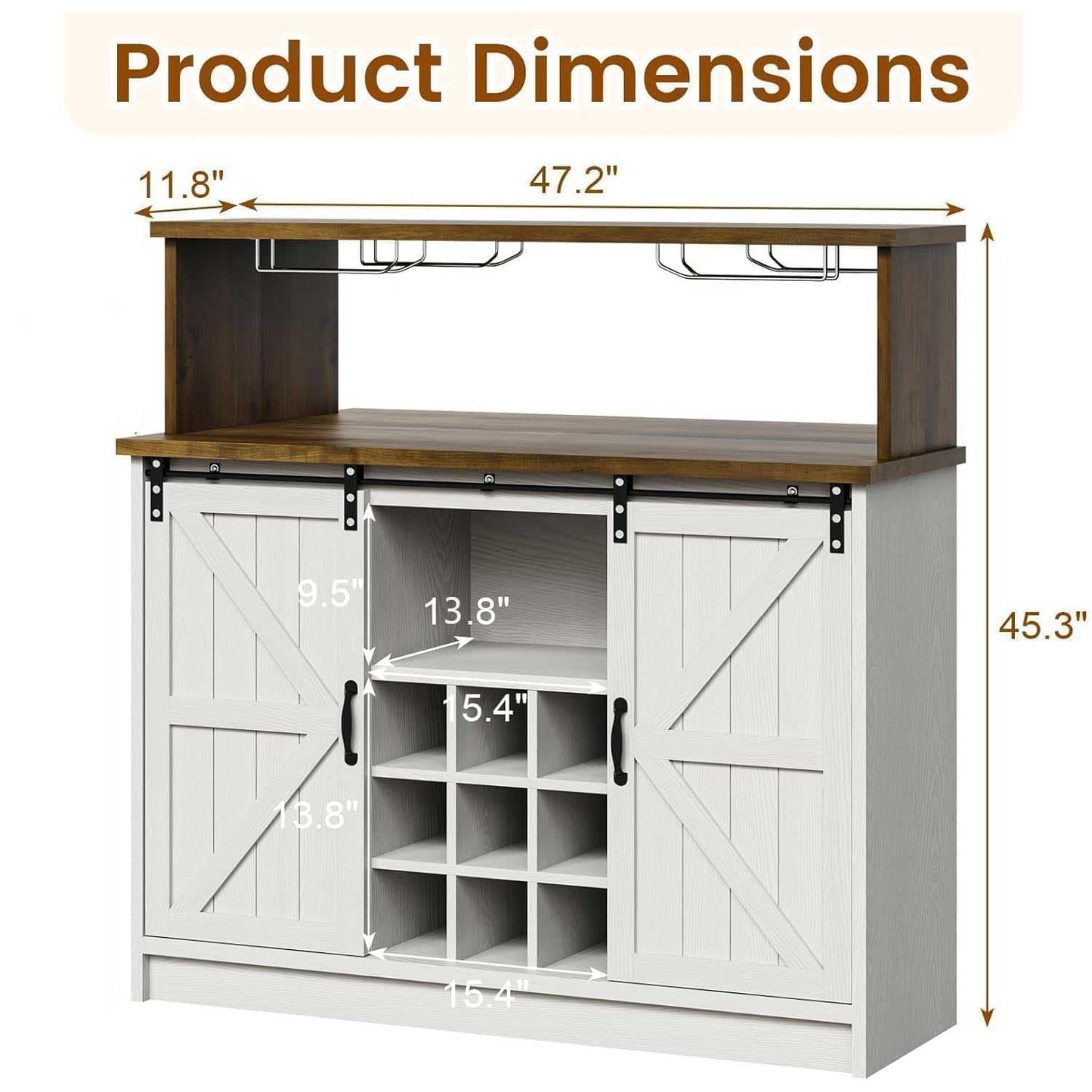 4ever2buy Farmhouse Coffee Bar with LED Lights, 47 inch Coffee Bar Cabinet with Storage, Wine Bar Cabinet with Wine and Glass Rack for Living, Dining Room, White