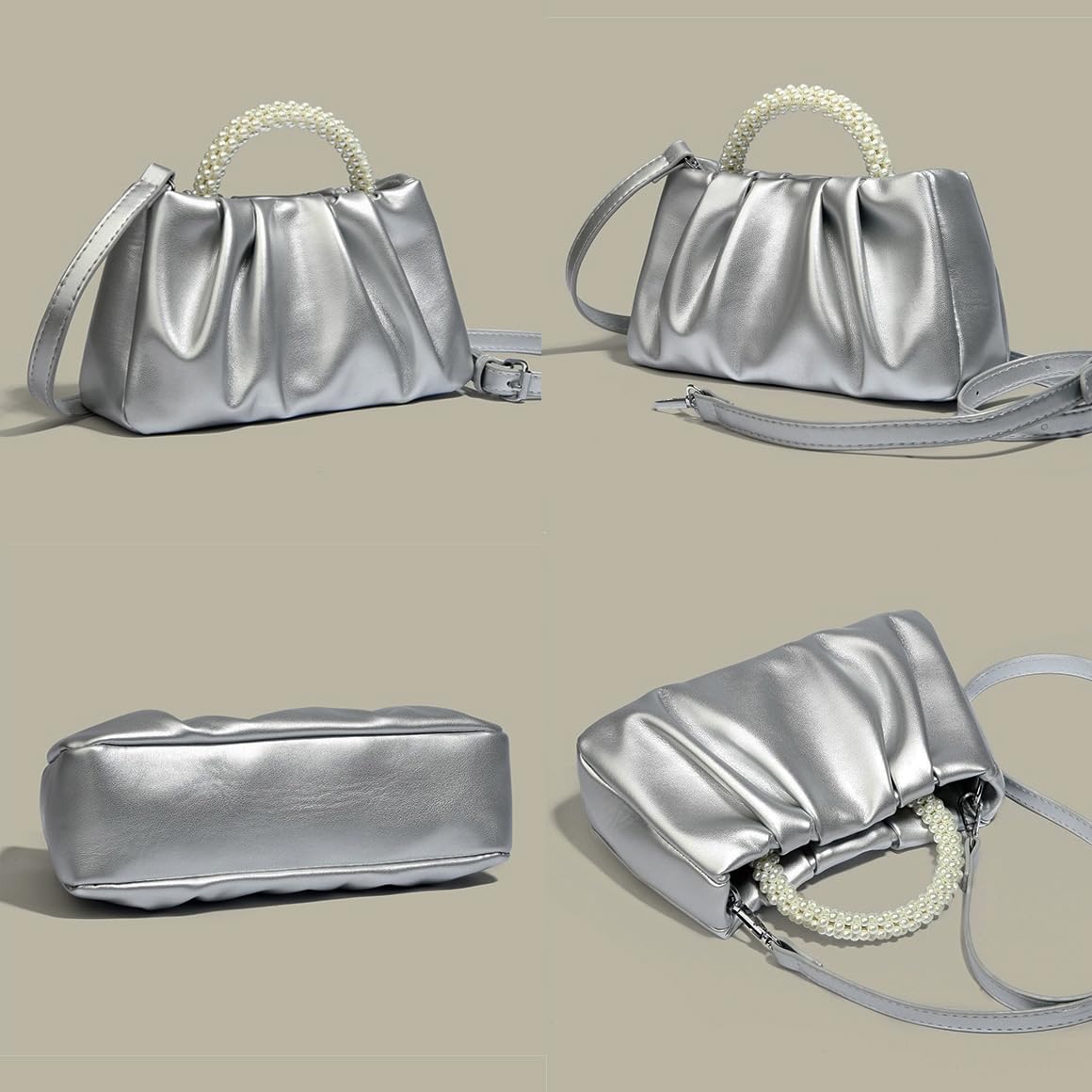 Beatfull Evening Purse Women Small Pearl Handbags Soft Leather Ruched Bag Wedding Bridal Clutch Party Prom Crossbody Purses Silver