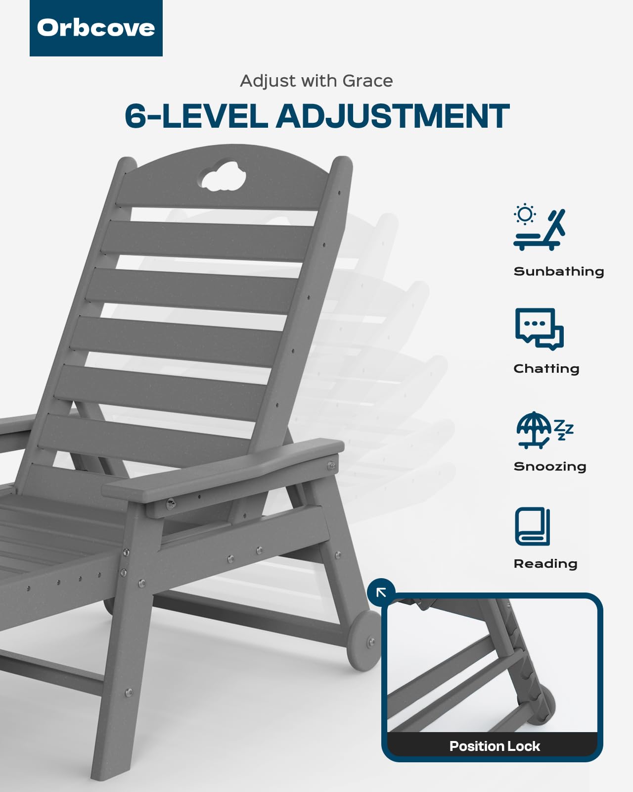 Orbcove Oversized Chaise Lounge Chair Outdoor with Wheels & Cup Holder, 6-Position Adjustable HDPE Patio Lounge Chair for Poolside, Garden, Deck & Lawn (Grey, 2-Piece)
