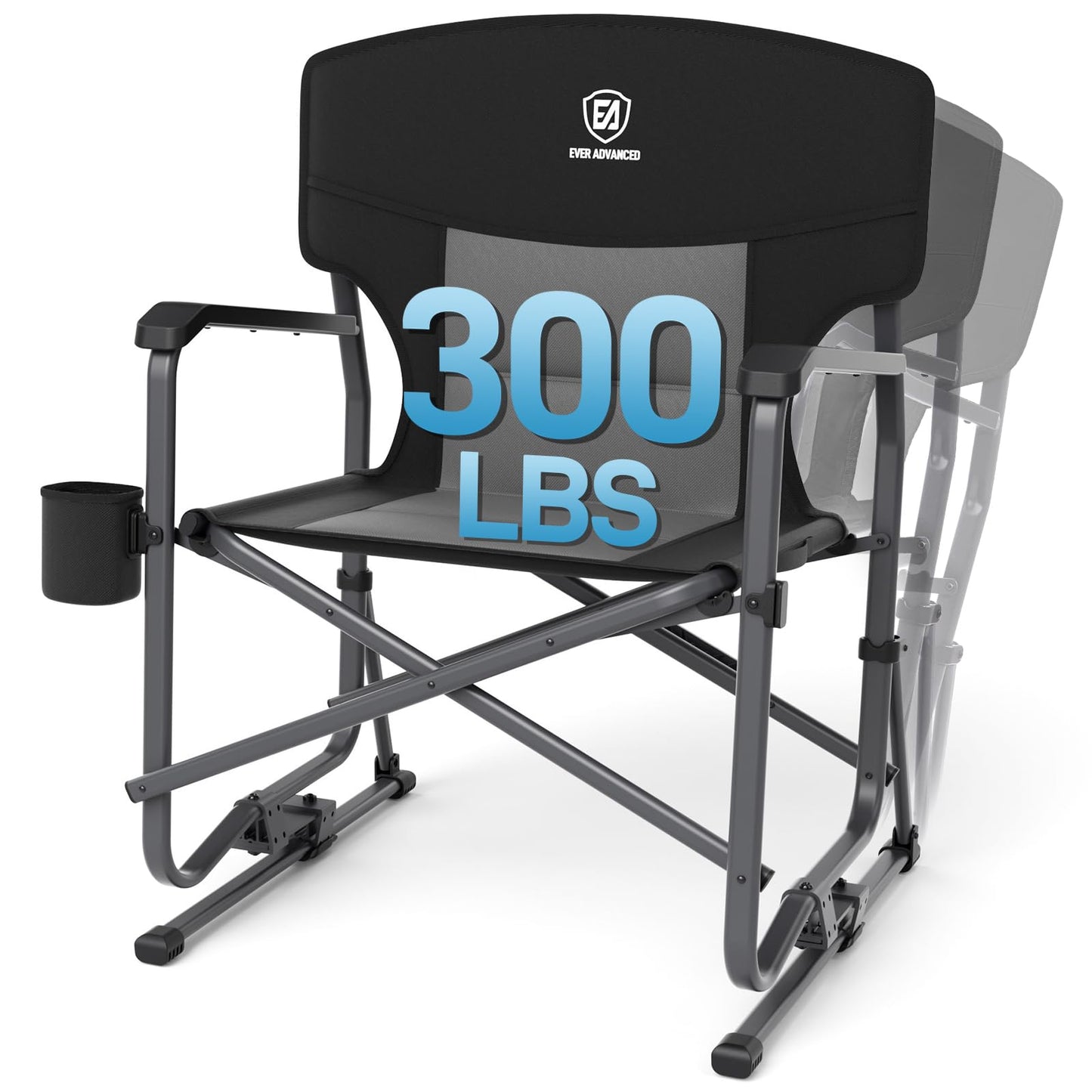 EVER ADVANCED Rocking Chair Outdoor, Quick Set Rocker Camping Chair for Adult, Foldable Rocker Chair Lightweight, Portable Folding Rocker Chair for Patio, Living Room, Balcony, Supports 300 LBS, Black