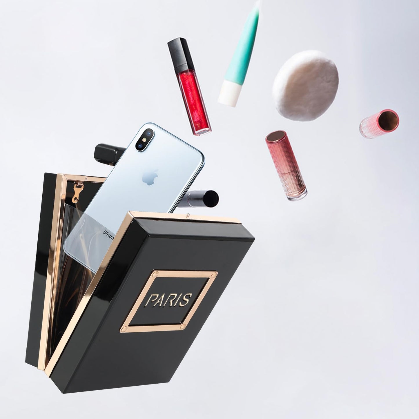 WJCD Clear Purses for Women Paris Perfume Shaped Black Purse Evening Bags Vintage Banquet Handbag (Black)