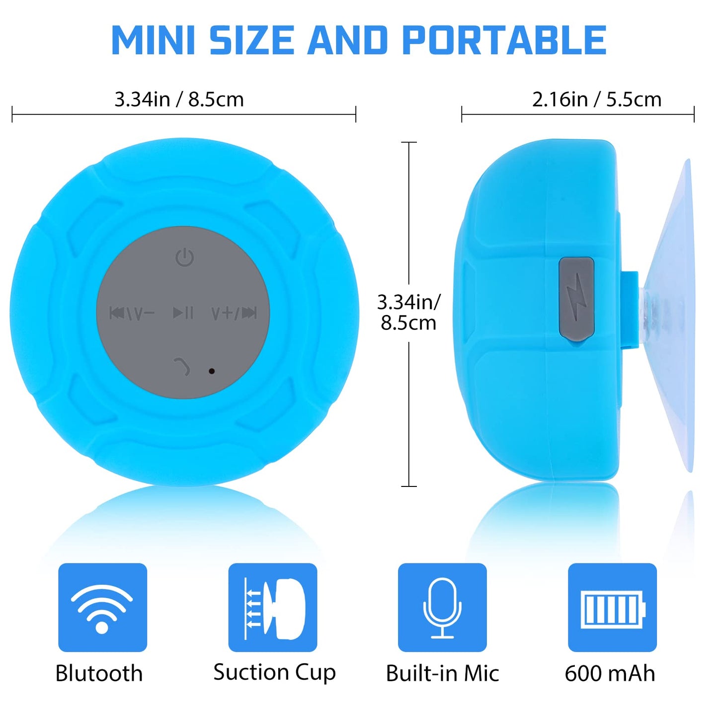 Annlend Bluetooth Shower Speaker Waterproof Wireless Mini Small Cute Portable Water Resistant Bathroom Speaker Suction Cup, Handsfree Speakerphone with Built-in Mic,4hrs of Playtime - Blue