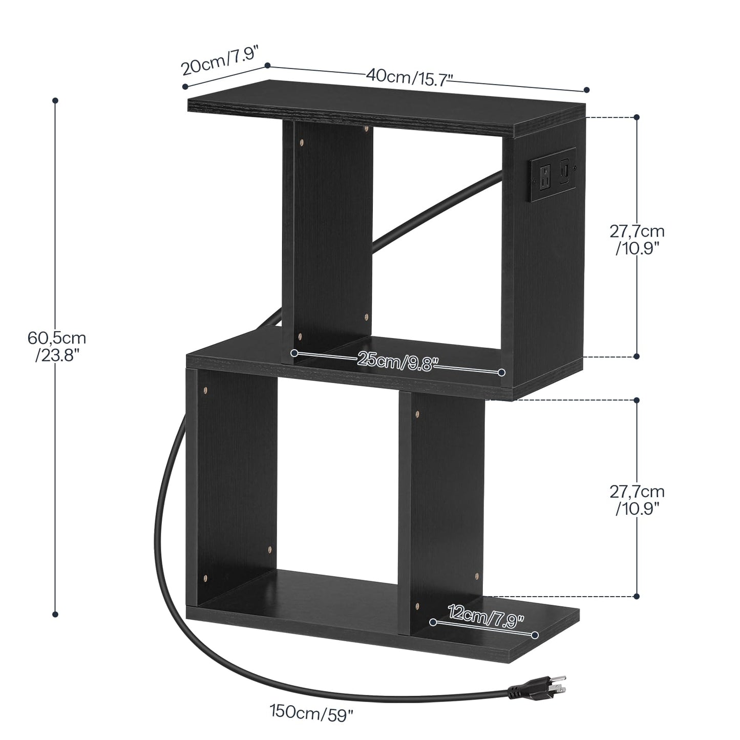 HOOBRO Narrow Side Table with Charging Station, S-Shaped Slim End Table Geometric Bookshelf with Open Storage, for Small Space, Living Room, Bedroom, Rustic Brown FG137UBZ01