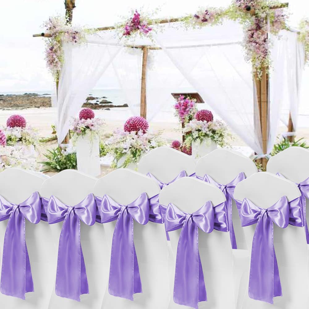 MAGTOWNE Satin Lavender Chair Sashes 50 Pack, Lavender Sashes for Chairs Covers, Light Purple Chair Bows for Party Wedding Birthday Banquet Decor