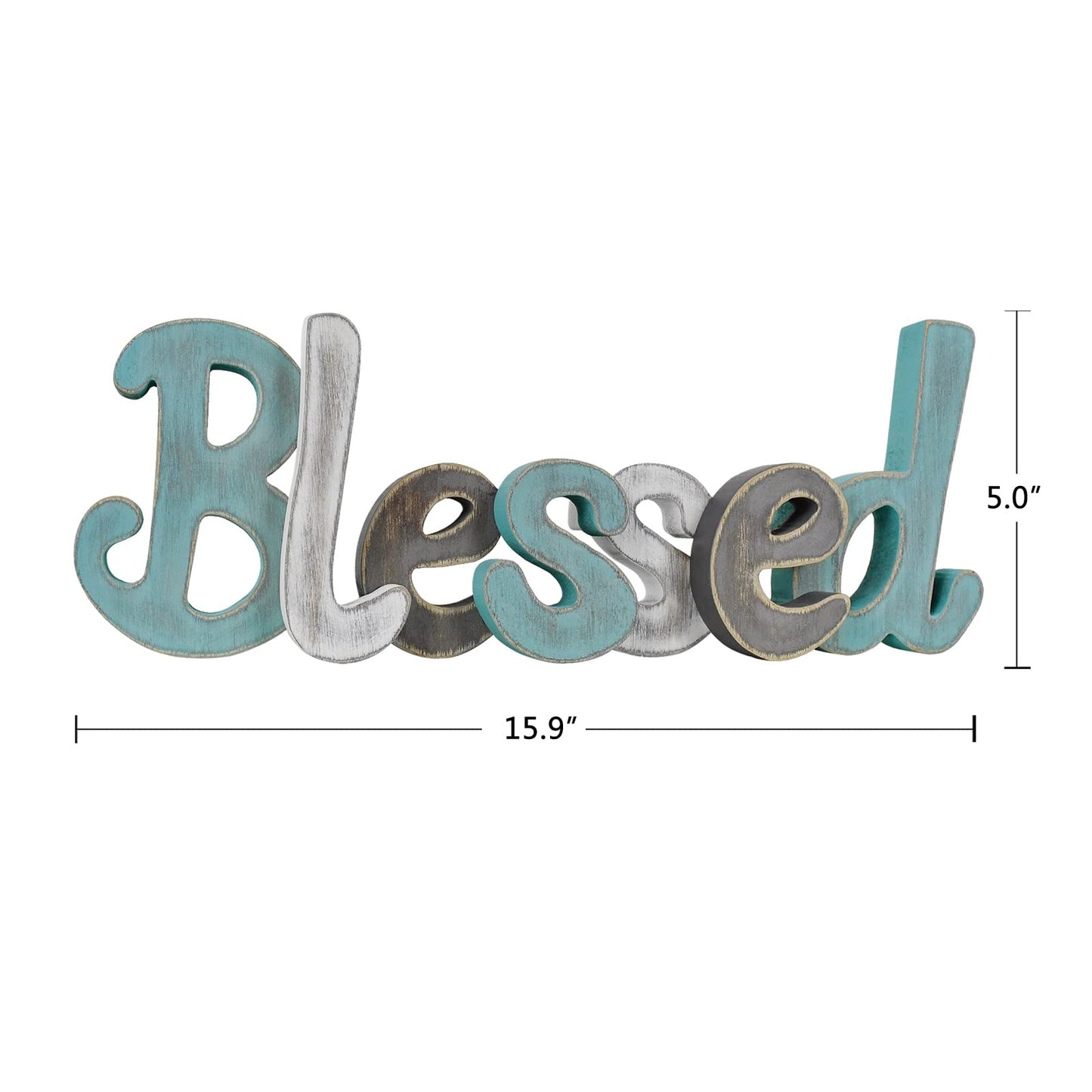 Teal Blessed Wooden Letters Wall Decor Freestanding Cut Out Decorative Wood Word Decor Signs for Living Room Shelf Mantel Table Top Rustic Home Decor