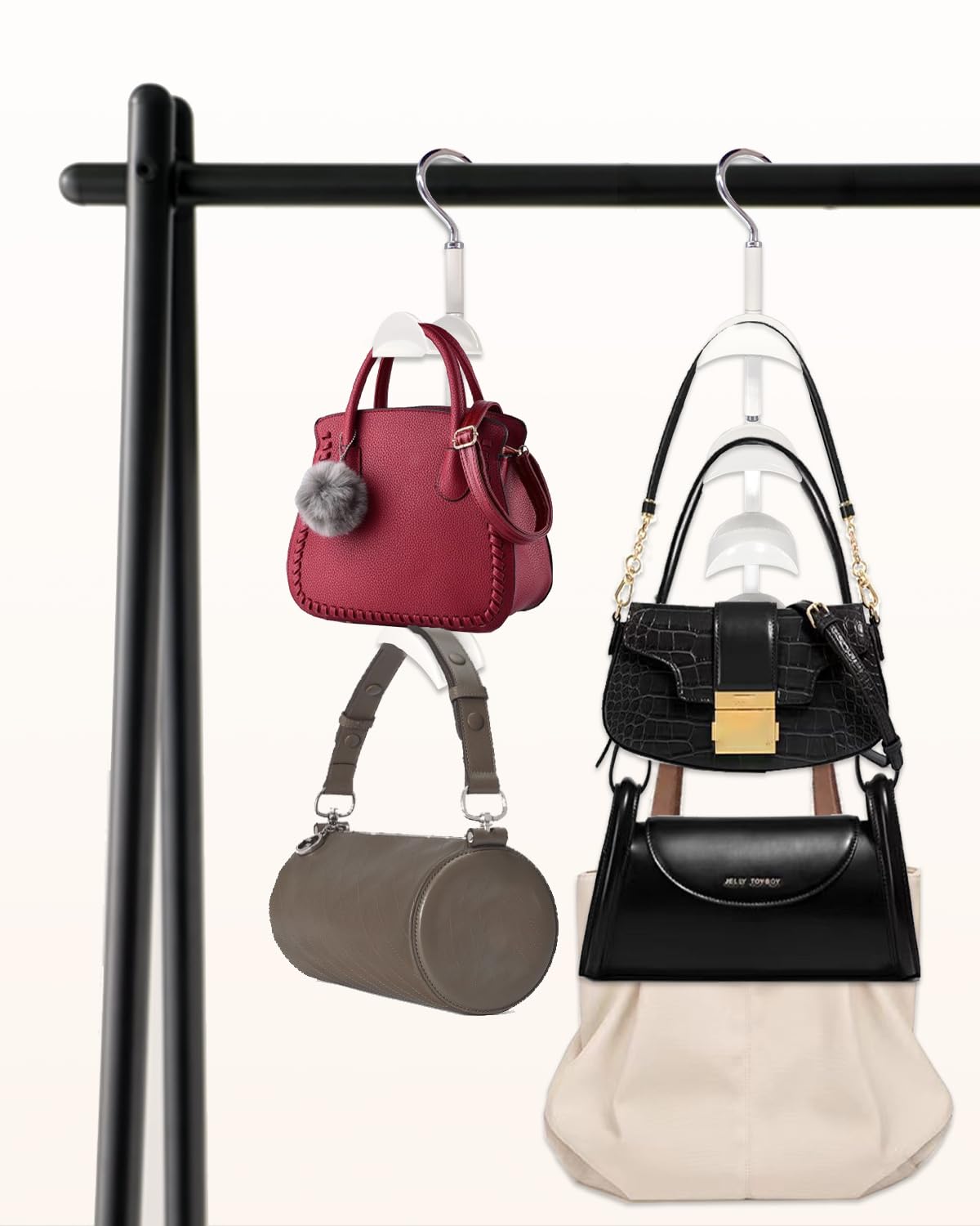 Purse Hanger for Closet, Rotating Purse Organizer for Closet White Purse Holder Purse Hooks for Organizer Storage Purses Tote Bag Handbags Scarf Belt