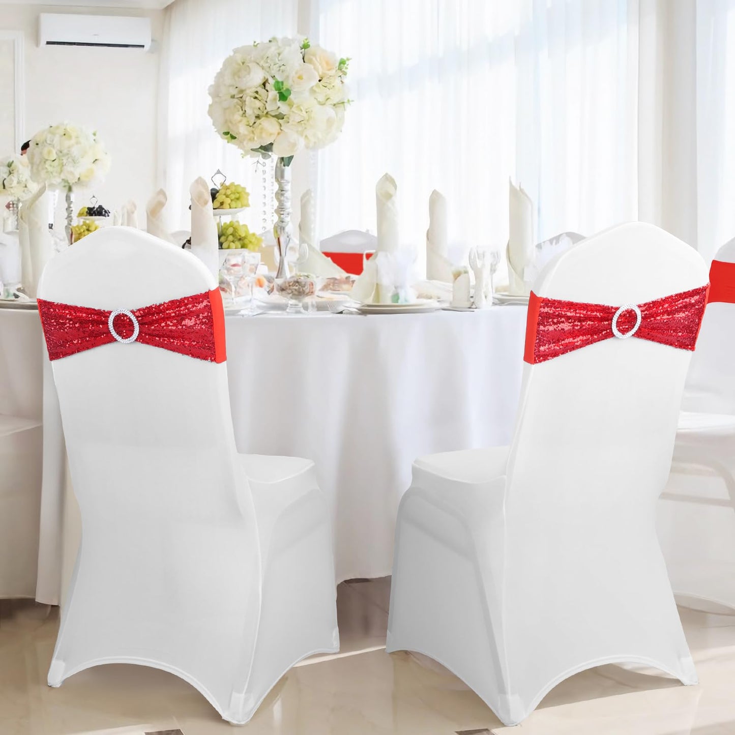 Babenest 10pcs Sequin Chair Sashes with Buckle Slider, One-Sided Sequins Stretchy Spandex Bands, Glitter Elastic Chair Ties for Wedding Party Ceremony Banquet Decorations (Red)