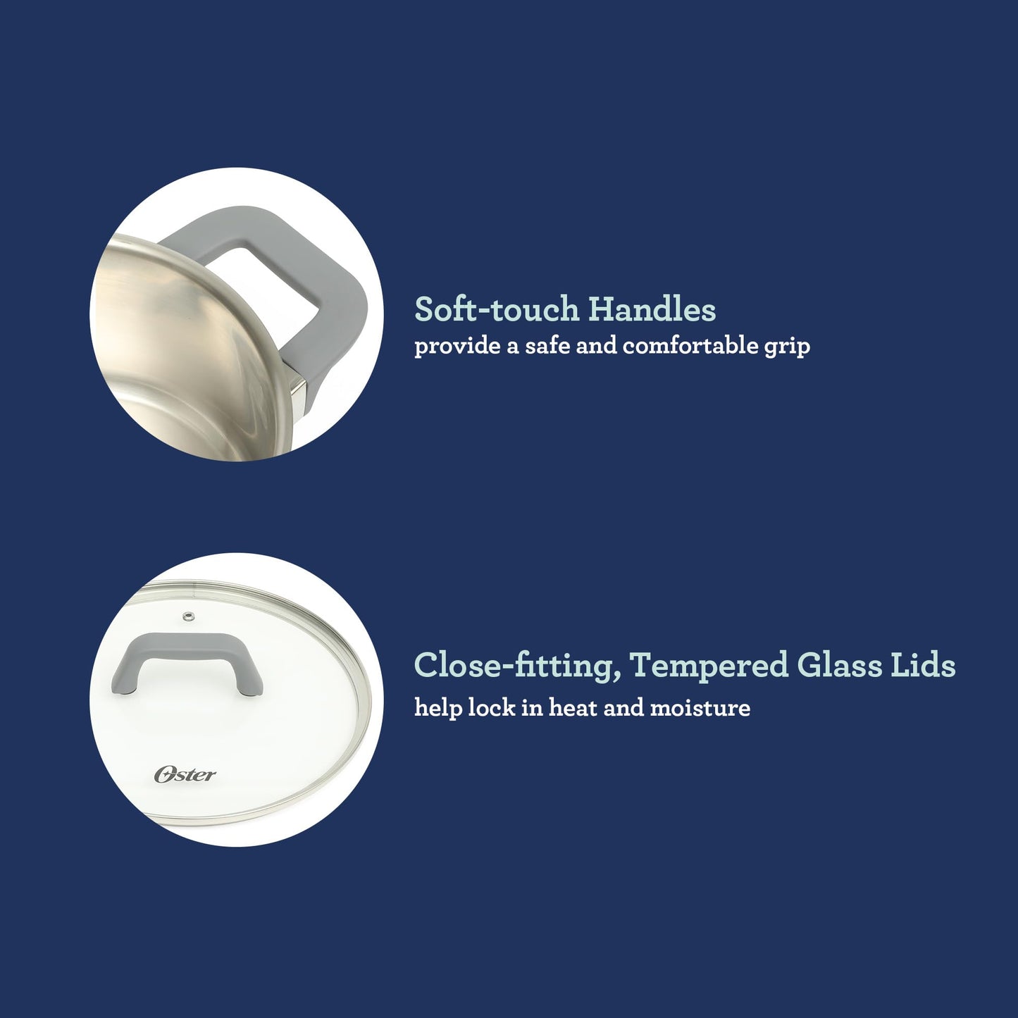 Oster Beauford 9 Piece Stainless Steel Non-Toxic Pots and Pans Cookware Set W/Tri-Ply Encapsulated Bottom & Soft Touch Handles