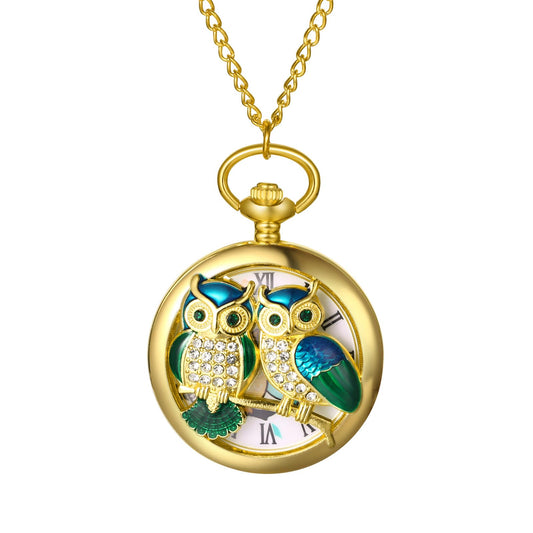 JewelryWe Unisex Gold Pocket Watch: Vintage Diamond Inlaid Owl Decoration Analog Quartz Long Chain Pocket Watch Christmas Valentine's Day