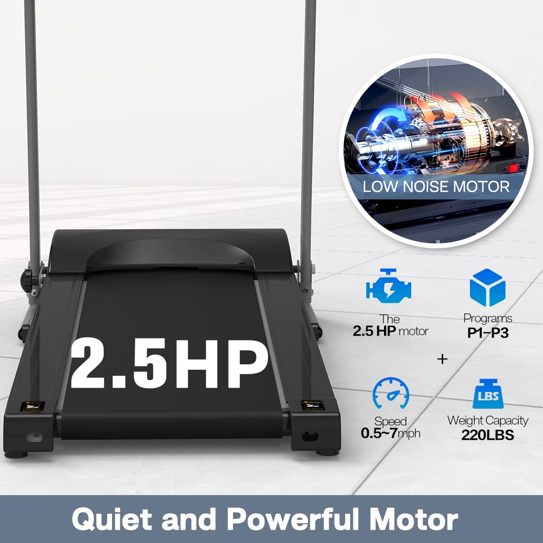 Vinnts Treadmill with Incline for Home 265 lbs Weight Capacity, Foldable with 3 Levels Incline, 0.5-7.5mph, 2.5HP Quite Portable Treadmill for Home and Office Small Space, Black