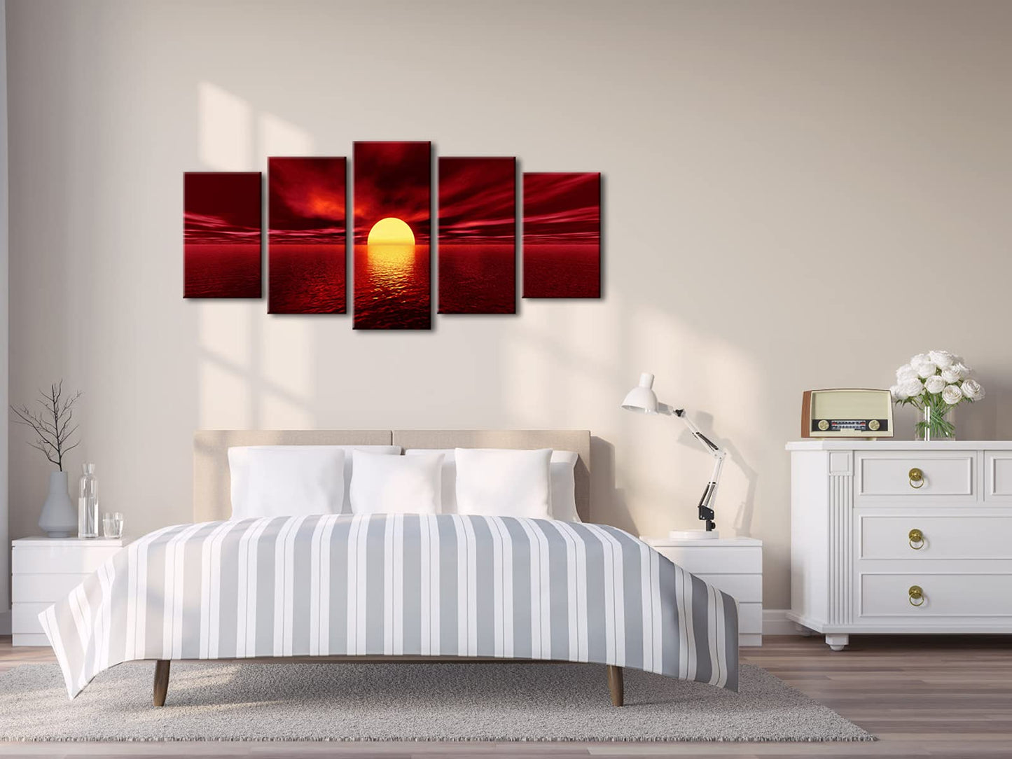 Wieco Art Red Sun Canvas Prints Wall Art Ocean Sea Beach Pictures Paintings Ready to Hang for Living Room Bedroom Home Decorations Modern 5 Piece Stretched and Framed Grace Landscape Giclee Artwork