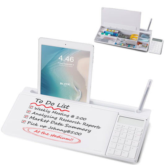 Small Glass Desktop Whiteboard Dry-Erase-Board - Computer Keyboard Stand with Calculator White Board Surface Pad with Drawer, Desk Organizers with Accessories for Office, Home, School Supplies