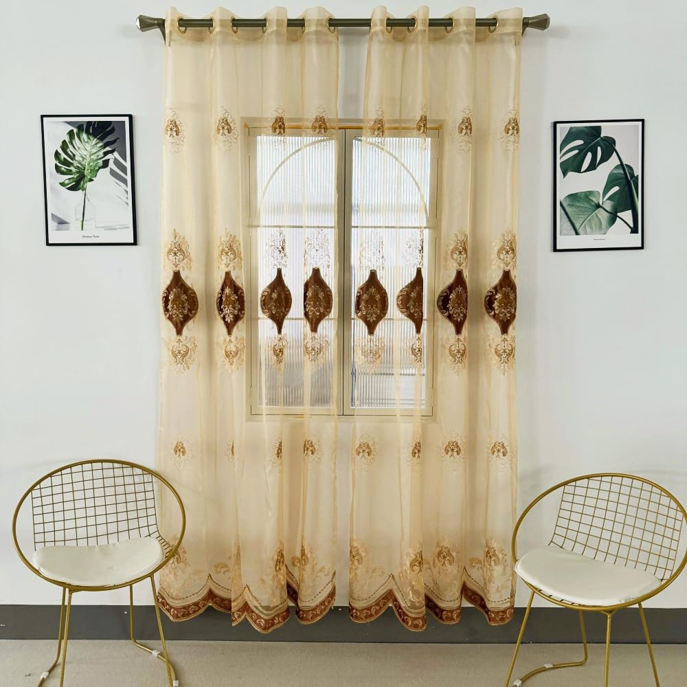 Amidoudou European Luxury Embroidered Sheer Curtains for Living Room Bedroom Tulle Curtains (2 Panels, 63 x 90 inches, Coffee)