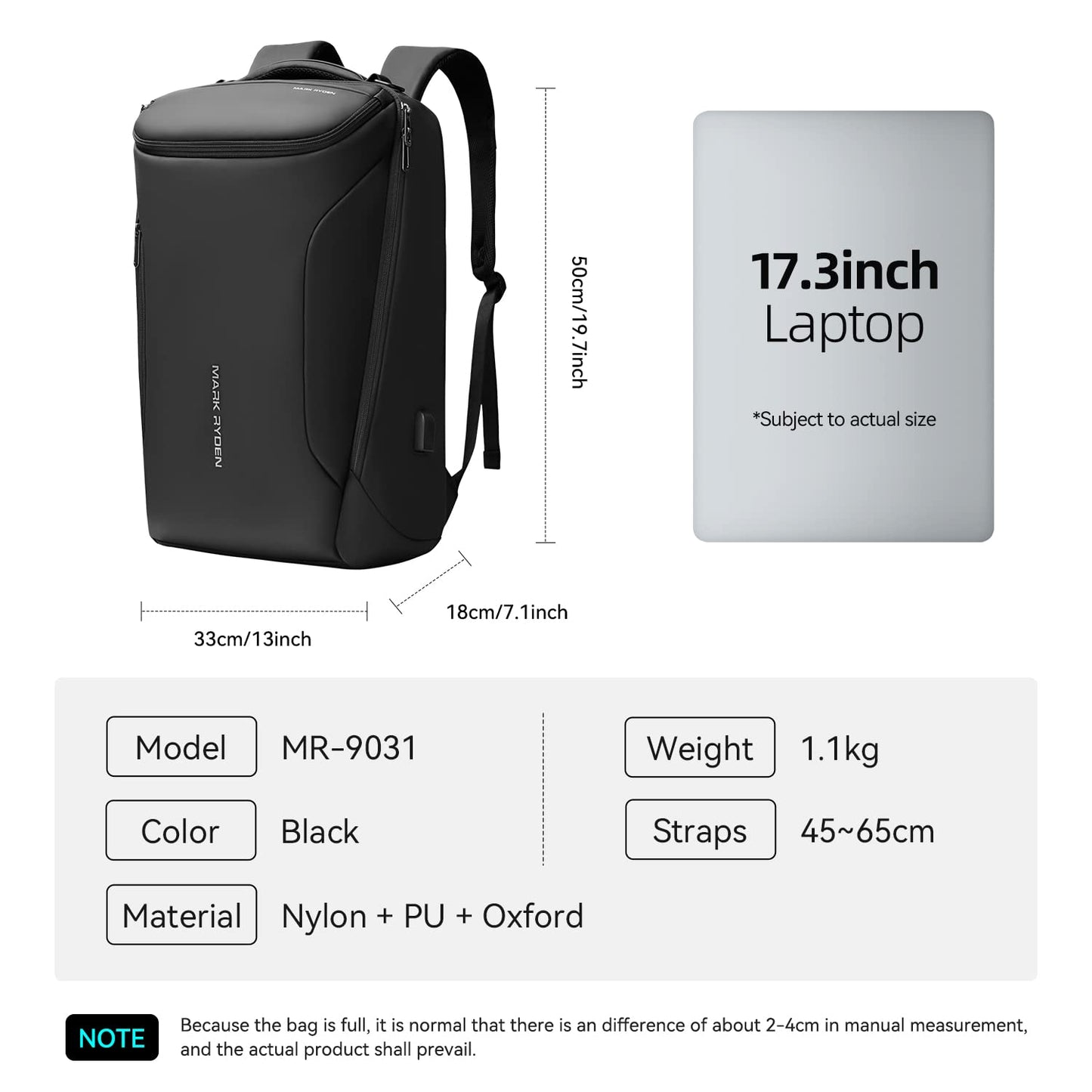 MARK RYDEN Business Backpack for Men, Waterproof High Tech Backpack with Sport Car Shape Design and USB Charging Port, Travel Laptop Backpack Fits 17.3 Inch Notebook (YKK-2 Pockets)