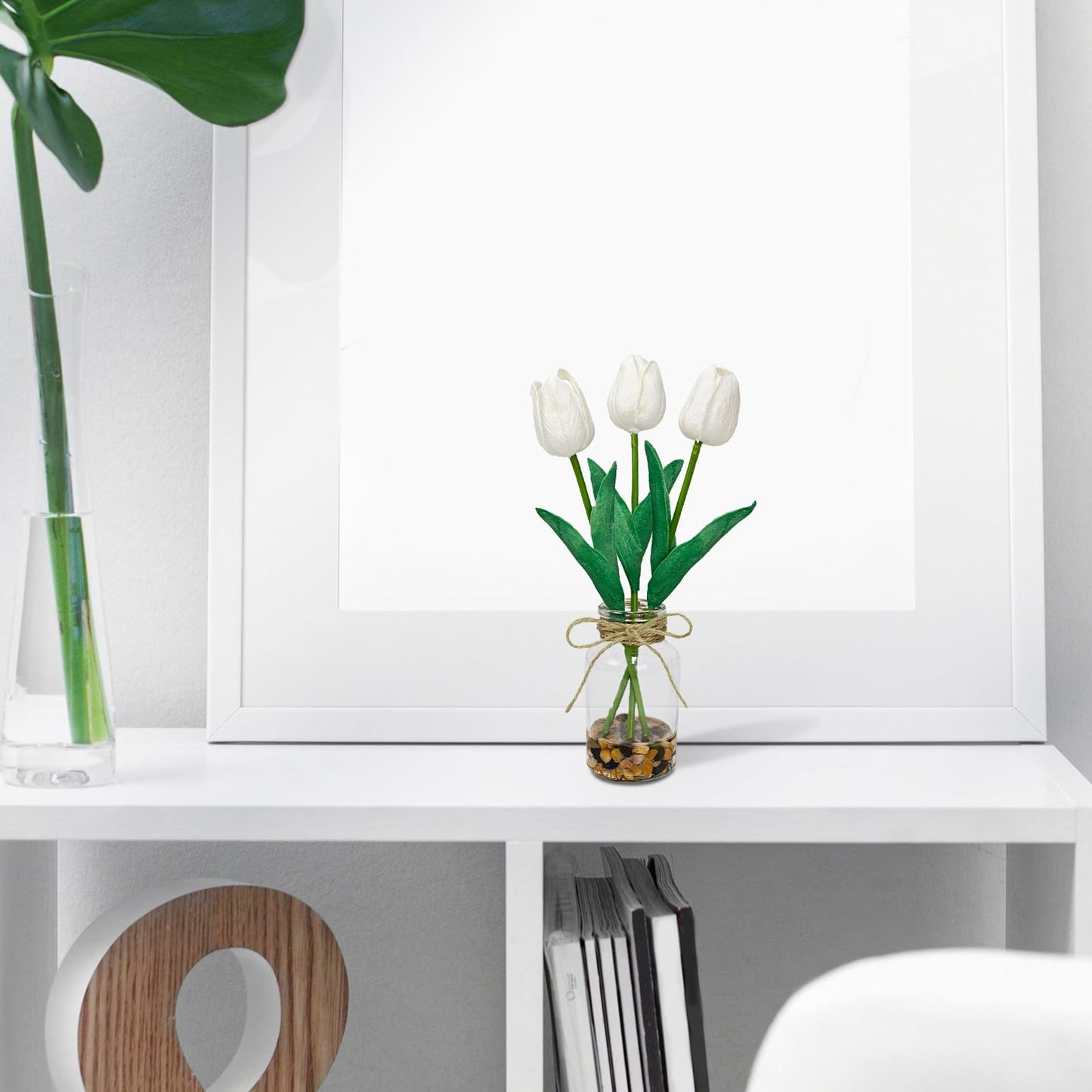 unlemoni 2 Packs Faux Flowers Artificial Tulips in Glass Vase with Faux Water Stone, Poly Foam White Fake Tulips Real Touch Flowers Arrangement for Home Kitchen Wedding Centerpiece Decoration