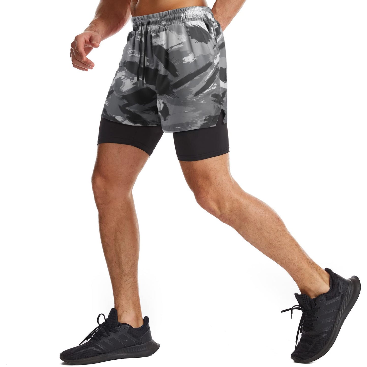 Surenow Mens 2 in 1 Running Shorts Quick Dry Athletic Shorts with Liner, Workout Shorts with Zip Pockets and Towel Loop (Gray-Camouflage, L)